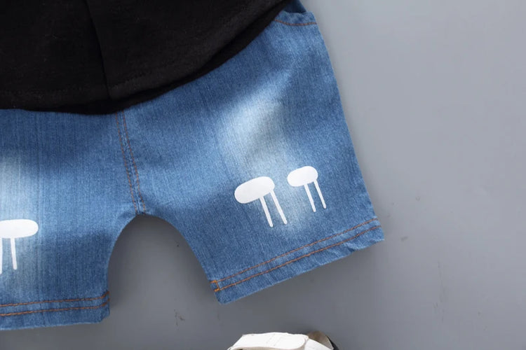 New Summer Hot Sale Toddler Kids Baby Boys Shirt Cartoon Tops Denim Shorts Pants Outfits Set Baby Clothes