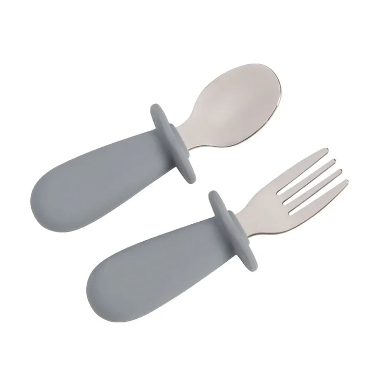 2pcs/Set Baby Tableware Children Utensil Stainless Steel Food Feeding Spoon Fork Set Infant Toddler Silicone Dinnerware Cutlery