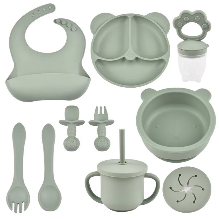 9PCS/Set BPA Free Silicone Baby Feeding Set Sucker Bowl Divided Dinning Plate Straw Cup Spoon Fork Adjustable Bib Children Dishe