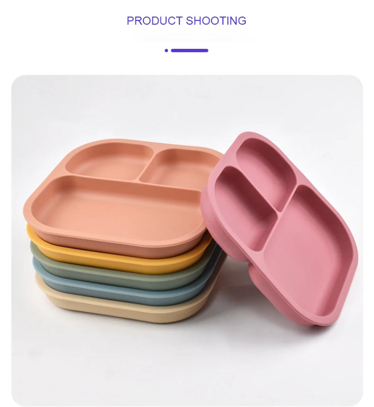 Food Grade Silicone Dining Plate Children 3-Grids Dishes Eating Training Tableware Feeding Tray With Sucker Anti-Drop Baby Stuff