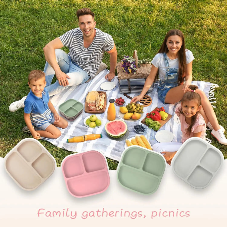 Food Grade Silicone Dining Plate Children 3-Grids Dishes Eating Training Tableware Feeding Tray With Sucker Anti-Drop Baby Stuff