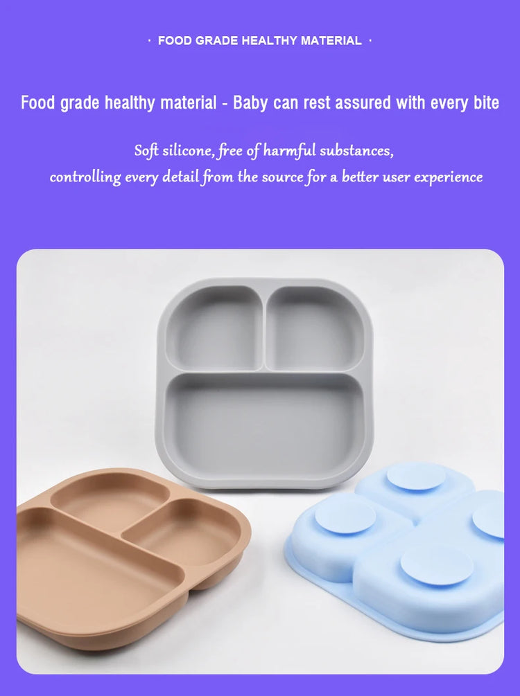 Food Grade Silicone Dining Plate Children 3-Grids Dishes Eating Training Tableware Feeding Tray With Sucker Anti-Drop Baby Stuff