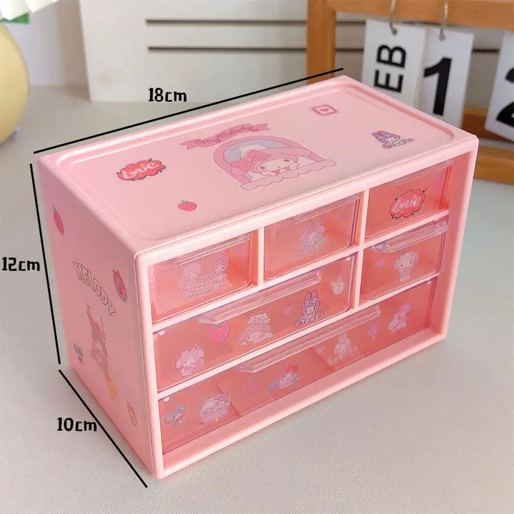 Sanrio 6 Grid Storage Box with Kuromi Cinnamoroll Melody Stickers Desktop Drawer-Type Transparent Organizing Box Children Gifts