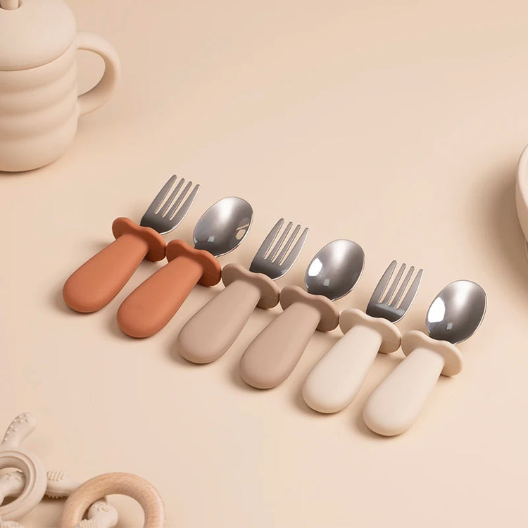 2pcs/Set Baby Tableware Children Utensil Stainless Steel Food Feeding Spoon Fork Set Infant Toddler Silicone Dinnerware Cutlery