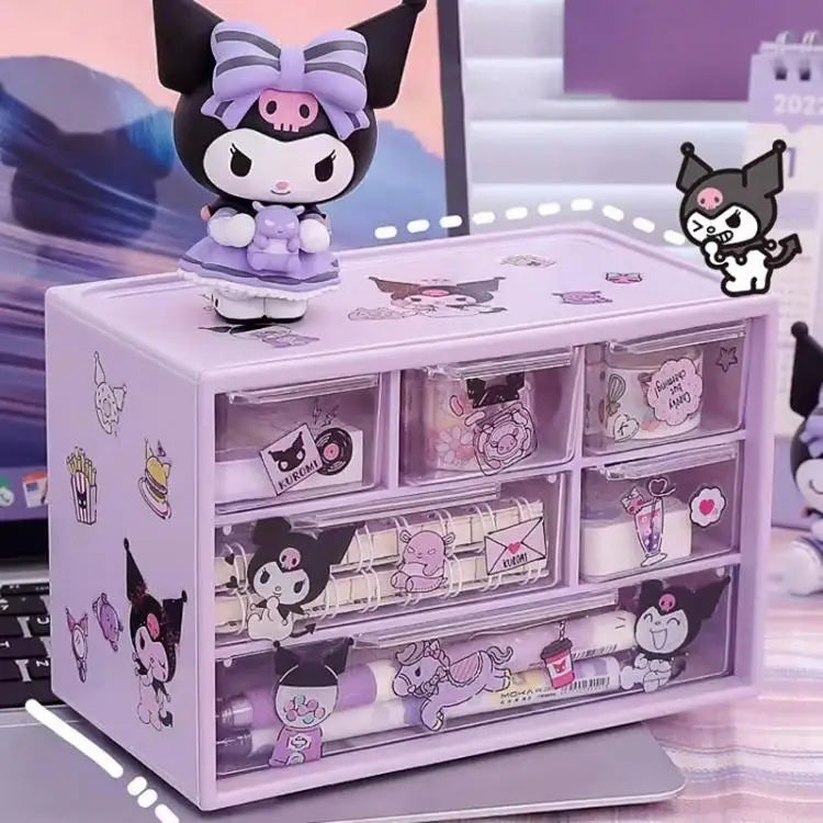 Sanrio 6 Grid Storage Box with Kuromi Cinnamoroll Melody Stickers Desktop Drawer-Type Transparent Organizing Box Children Gifts