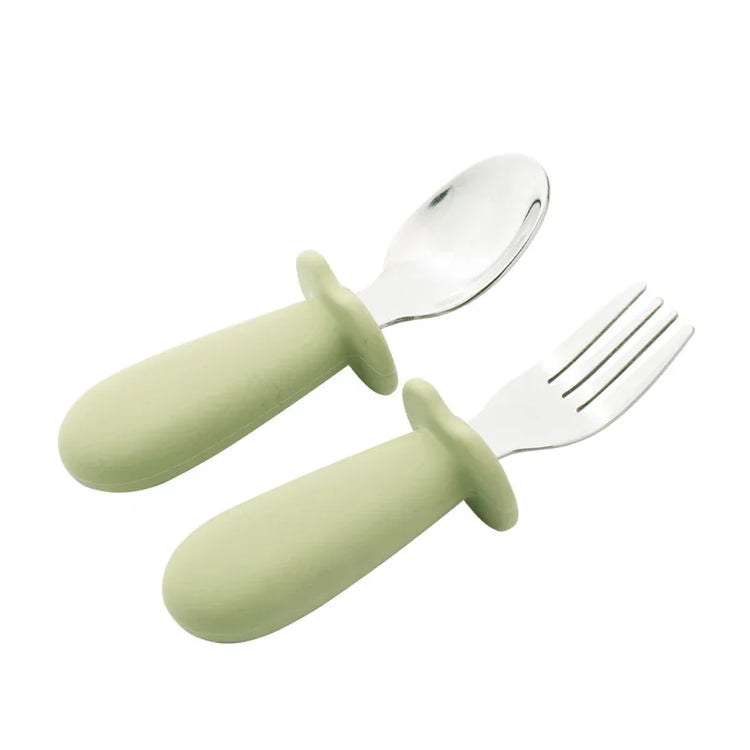 2pcs/Set Baby Tableware Children Utensil Stainless Steel Food Feeding Spoon Fork Set Infant Toddler Silicone Dinnerware Cutlery