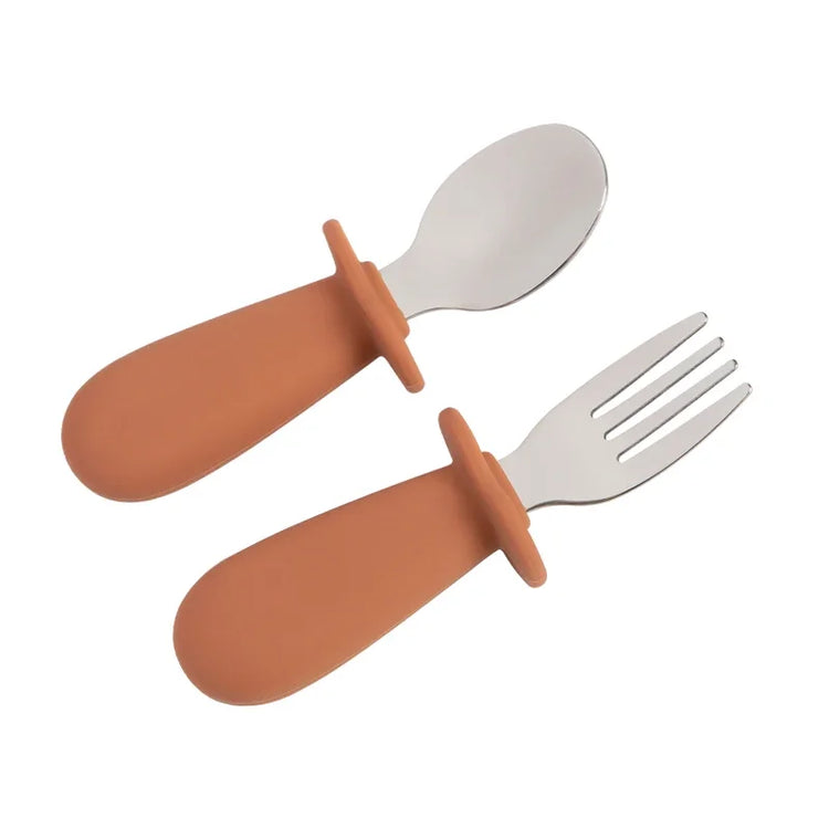 2pcs/Set Baby Tableware Children Utensil Stainless Steel Food Feeding Spoon Fork Set Infant Toddler Silicone Dinnerware Cutlery