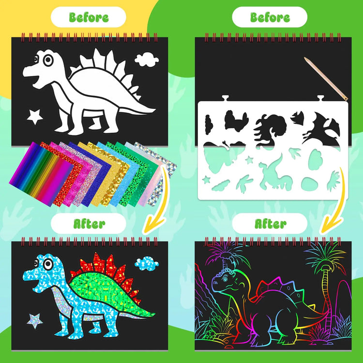 Kids Dinosaur Scratch Art Coloring Books Foil Fun Arts And Crafts Activity Colouring Book Set For Creativity Drawing Book Gifts