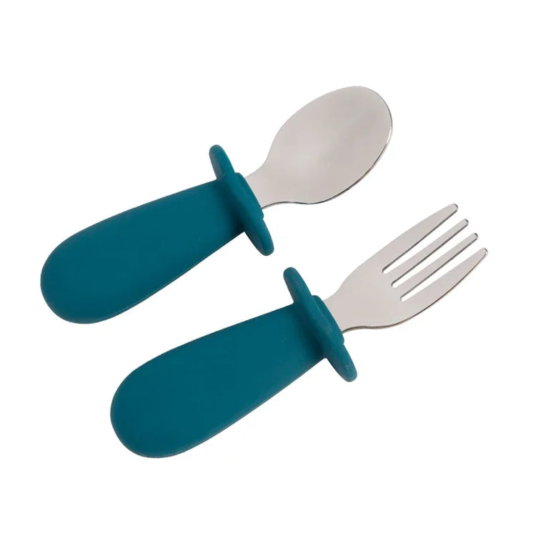 2pcs/Set Baby Tableware Children Utensil Stainless Steel Food Feeding Spoon Fork Set Infant Toddler Silicone Dinnerware Cutlery