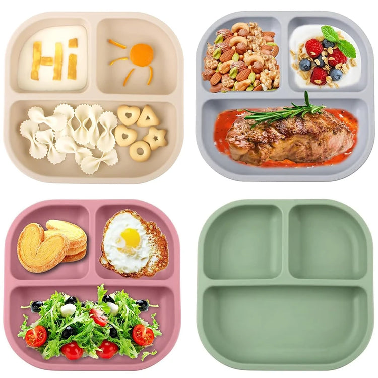 Food Grade Silicone Dining Plate Children 3-Grids Dishes Eating Training Tableware Feeding Tray With Sucker Anti-Drop Baby Stuff