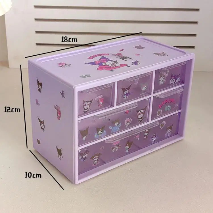 Sanrio 6 Grid Storage Box with Kuromi Cinnamoroll Melody Stickers Desktop Drawer-Type Transparent Organizing Box Children Gifts