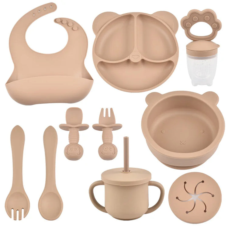 9PCS/Set BPA Free Silicone Baby Feeding Set Sucker Bowl Divided Dinning Plate Straw Cup Spoon Fork Adjustable Bib Children Dishe