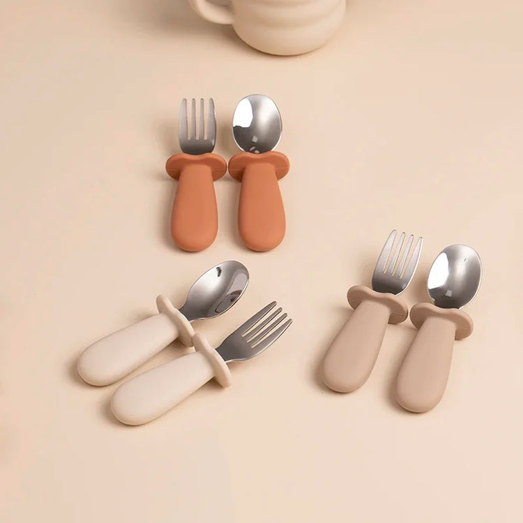2pcs/Set Baby Tableware Children Utensil Stainless Steel Food Feeding Spoon Fork Set Infant Toddler Silicone Dinnerware Cutlery