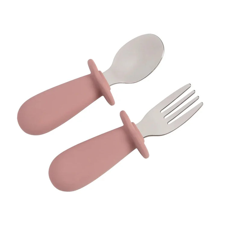 2pcs/Set Baby Tableware Children Utensil Stainless Steel Food Feeding Spoon Fork Set Infant Toddler Silicone Dinnerware Cutlery