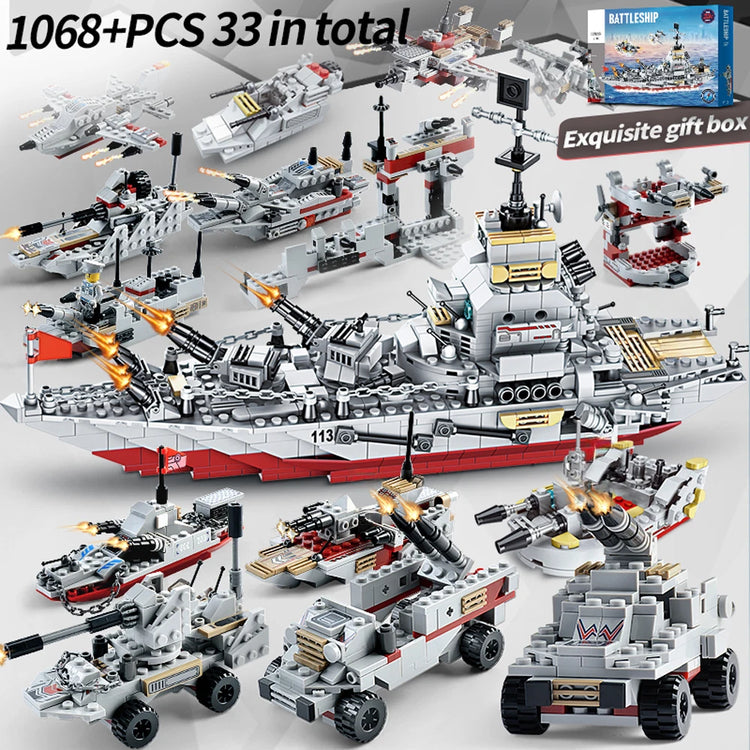 ToylinX 1068PCS Carrier Building Blocks Set, Military Battleship Model Toy Kit with Armored Tank Fighter Halloween Christmas