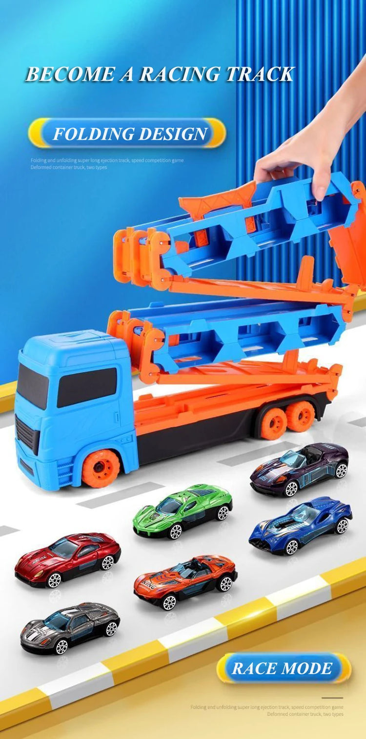 Large Car Transporter Truck Folding Track Racing Vehicle Kids Competitive Games Storage Alloy Car Boy Toy Children Novel Gift