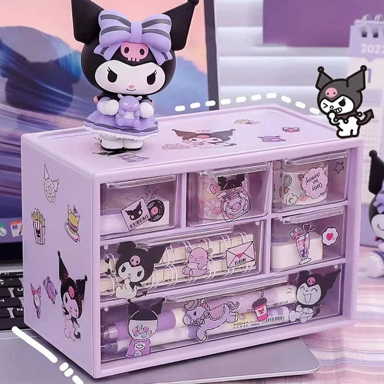 Sanrio 6 Grid Storage Box with Kuromi Cinnamoroll Melody Stickers Desktop Drawer-Type Transparent Organizing Box Children Gifts