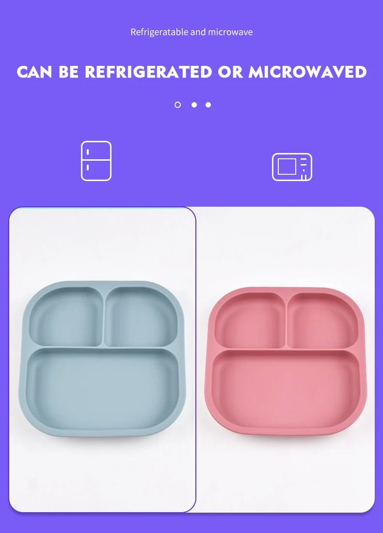 Food Grade Silicone Dining Plate Children 3-Grids Dishes Eating Training Tableware Feeding Tray With Sucker Anti-Drop Baby Stuff