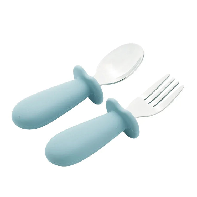 2pcs/Set Baby Tableware Children Utensil Stainless Steel Food Feeding Spoon Fork Set Infant Toddler Silicone Dinnerware Cutlery