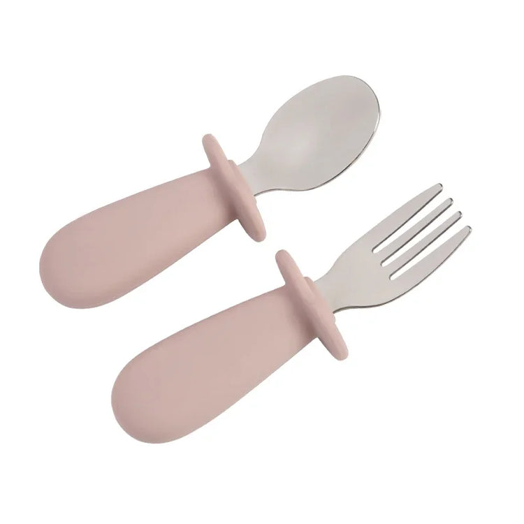 2pcs/Set Baby Tableware Children Utensil Stainless Steel Food Feeding Spoon Fork Set Infant Toddler Silicone Dinnerware Cutlery