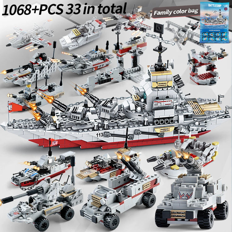 ToylinX 1068PCS Carrier Building Blocks Set, Military Battleship Model Toy Kit with Armored Tank Fighter Halloween Christmas