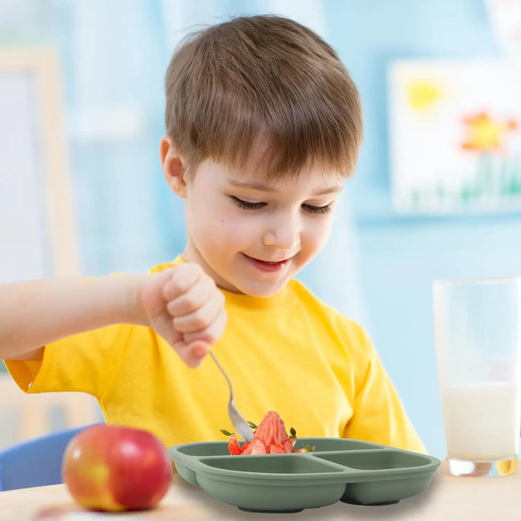 Food Grade Silicone Dining Plate Children 3-Grids Dishes Eating Training Tableware Feeding Tray With Sucker Anti-Drop Baby Stuff