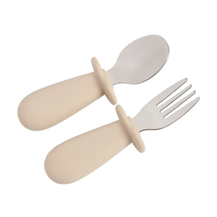 2pcs/Set Baby Tableware Children Utensil Stainless Steel Food Feeding Spoon Fork Set Infant Toddler Silicone Dinnerware Cutlery