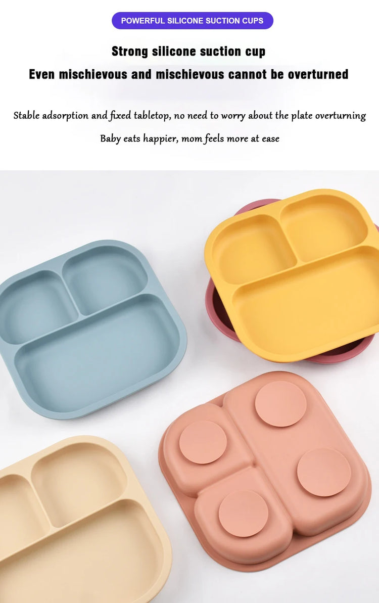 Food Grade Silicone Dining Plate Children 3-Grids Dishes Eating Training Tableware Feeding Tray With Sucker Anti-Drop Baby Stuff