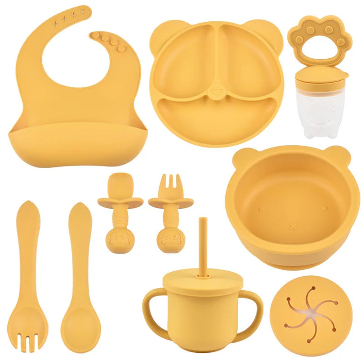 9PCS/Set BPA Free Silicone Baby Feeding Set Sucker Bowl Divided Dinning Plate Straw Cup Spoon Fork Adjustable Bib Children Dishe