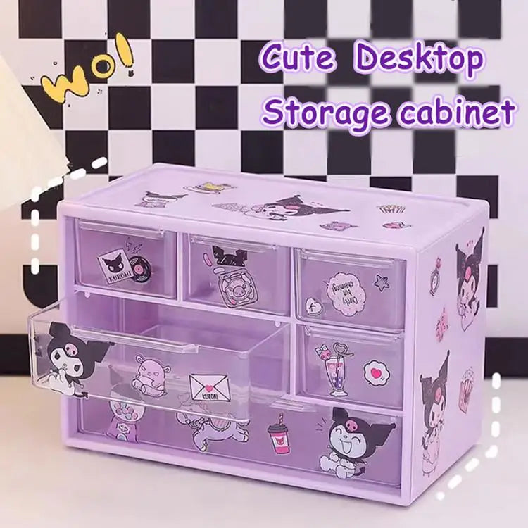 Sanrio 6 Grid Storage Box with Kuromi Cinnamoroll Melody Stickers Desktop Drawer-Type Transparent Organizing Box Children Gifts