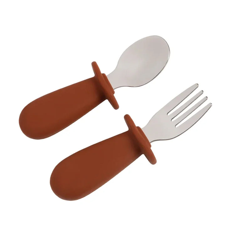 2pcs/Set Baby Tableware Children Utensil Stainless Steel Food Feeding Spoon Fork Set Infant Toddler Silicone Dinnerware Cutlery