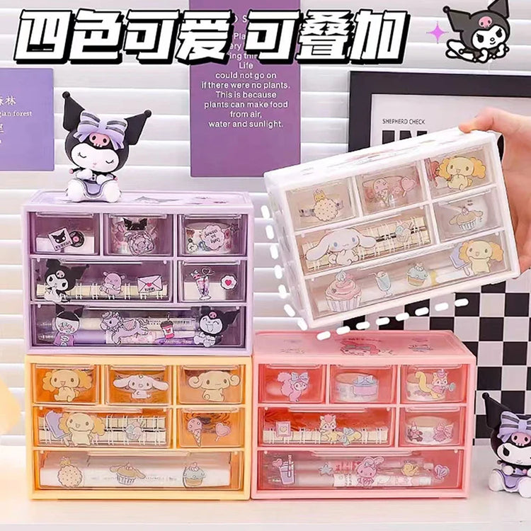 Sanrio 6 Grid Storage Box with Kuromi Cinnamoroll Melody Stickers Desktop Drawer-Type Transparent Organizing Box Children Gifts