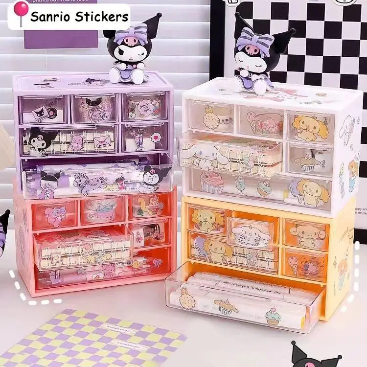 Sanrio 6 Grid Storage Box with Kuromi Cinnamoroll Melody Stickers Desktop Drawer-Type Transparent Organizing Box Children Gifts