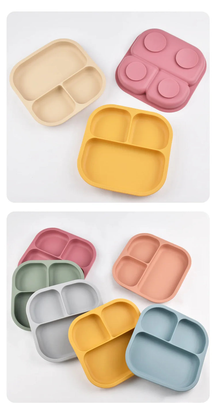 Food Grade Silicone Dining Plate Children 3-Grids Dishes Eating Training Tableware Feeding Tray With Sucker Anti-Drop Baby Stuff