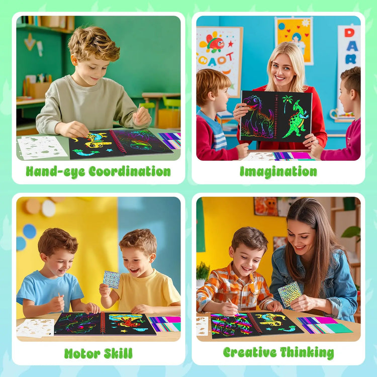 Kids Dinosaur Scratch Art Coloring Books Foil Fun Arts And Crafts Activity Colouring Book Set For Creativity Drawing Book Gifts