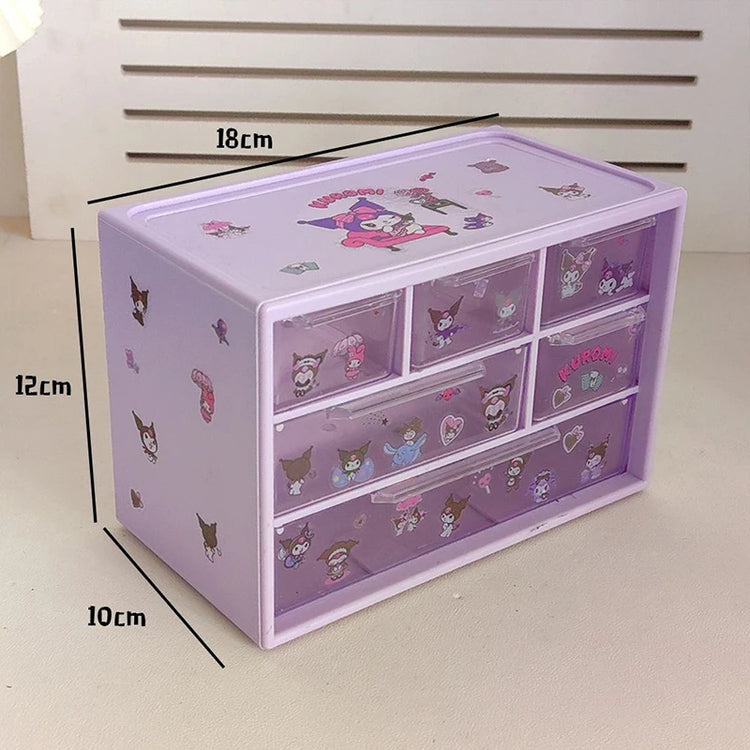 Sanrio 6 Grid Storage Box with Kuromi Cinnamoroll Melody Stickers Desktop Drawer-Type Transparent Organizing Box Children Gifts