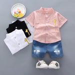 New Summer  Hot Sale Toddler Kids Baby Boys Shirt Cartoon Tops Denim Shorts Pants Outfits Set Baby Clothes