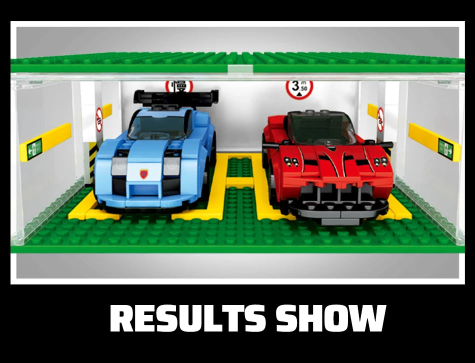 City Speed Champions Sports Cars Garage Building Blocks MOC Supercar Racing Parking Lot DIY Vehicle Storage Box Bricks Kids Toys