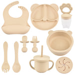 9PCS/Set BPA Free Silicone Baby Feeding Set Sucker Bowl Divided Dinning Plate Straw Cup Spoon Fork Adjustable Bib Children Dishe