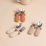 2pcs/Set Baby Tableware Children Utensil Stainless Steel Food Feeding Spoon Fork Set Infant Toddler Silicone Dinnerware Cutlery