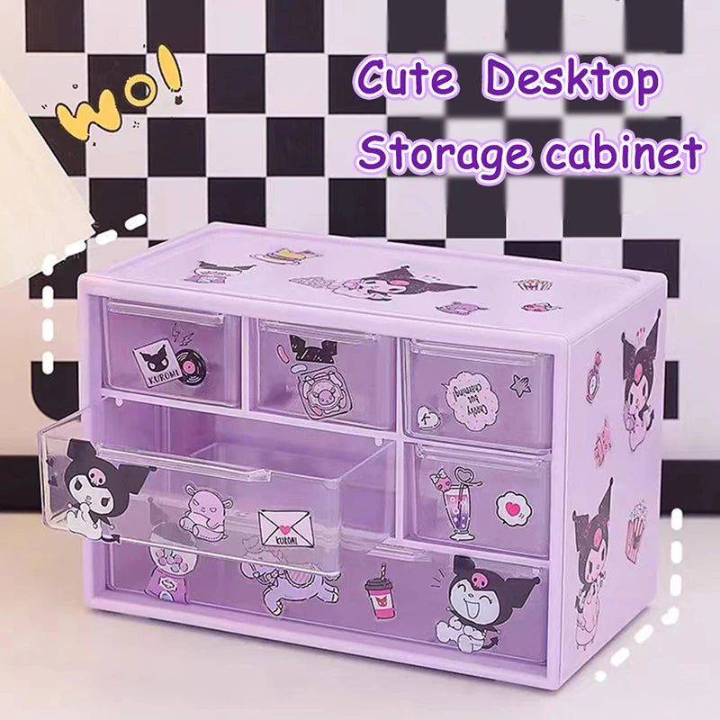 Sanrio 6 Grid Storage Box with Kuromi Cinnamoroll Melody Stickers Desktop Drawer-Type Transparent Organizing Box Children Gifts