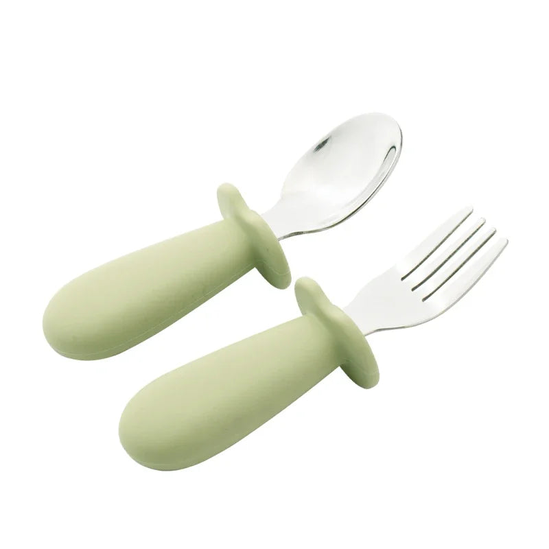 2pcs/Set Baby Tableware Children Utensil Stainless Steel Food Feeding Spoon Fork Set Infant Toddler Silicone Dinnerware Cutlery
