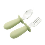 2pcs/Set Baby Tableware Children Utensil Stainless Steel Food Feeding Spoon Fork Set Infant Toddler Silicone Dinnerware Cutlery