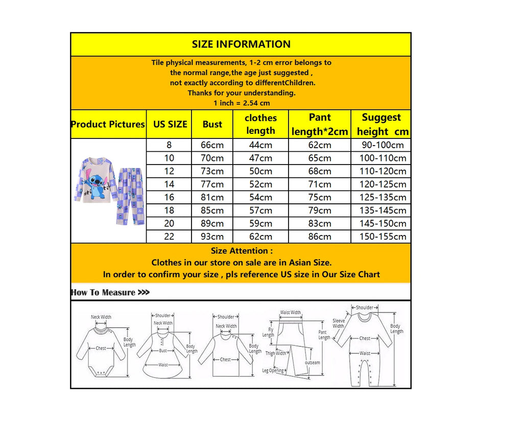 New Spring Autumn Children's Clothing Sets Stitch Boy Sleepwear Long sleeved pants Clothes Kids Pajamas Set Baby Girls Pyjamas