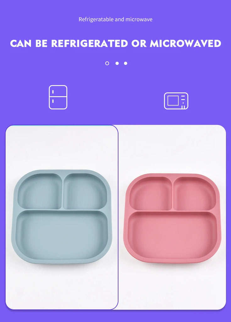 Food Grade Silicone Dining Plate Children 3-Grids Dishes Eating Training Tableware Feeding Tray With Sucker Anti-Drop Baby Stuff