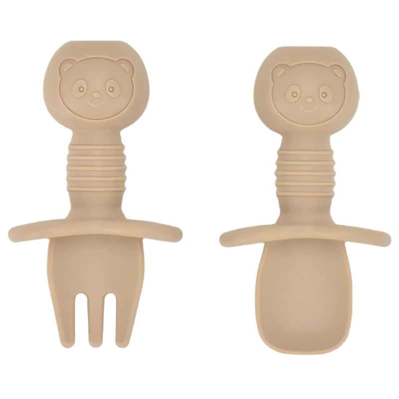 2PCS Cute Baby Learning Spoons Utensils Set Food Grade Silicone Sticky Spoon Children Cutlery Training Spoon Feeding Tableware