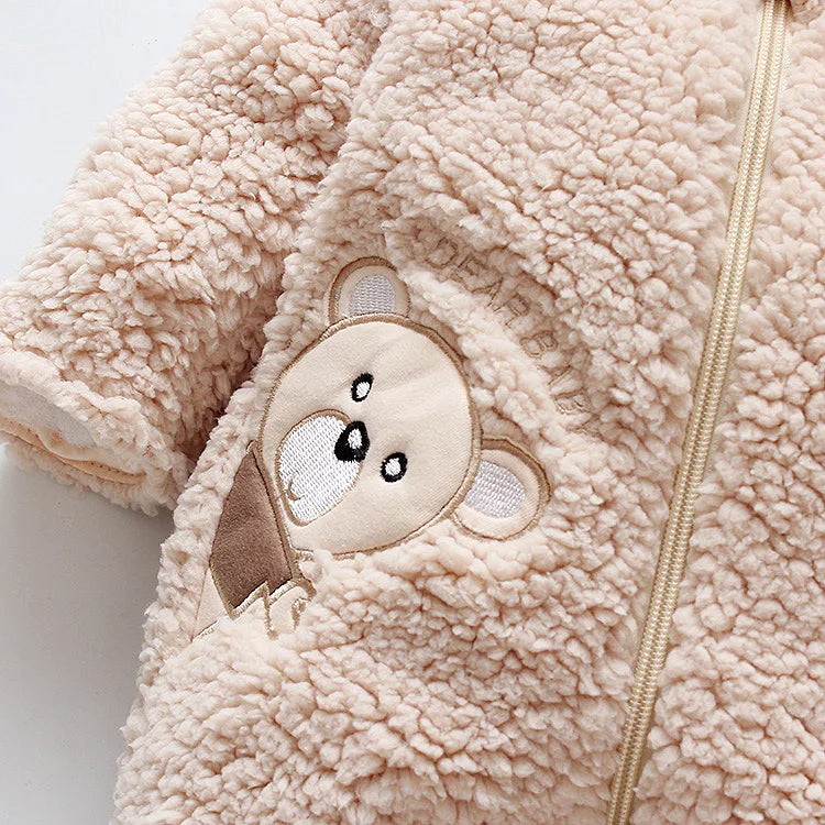 Baby Winter Thick Romper Solid Cotton Warm Long Sleeve Boy Girl Jumpsuit Clothes 0-24M Newborn Bear Fleece Hooded Pyjamas