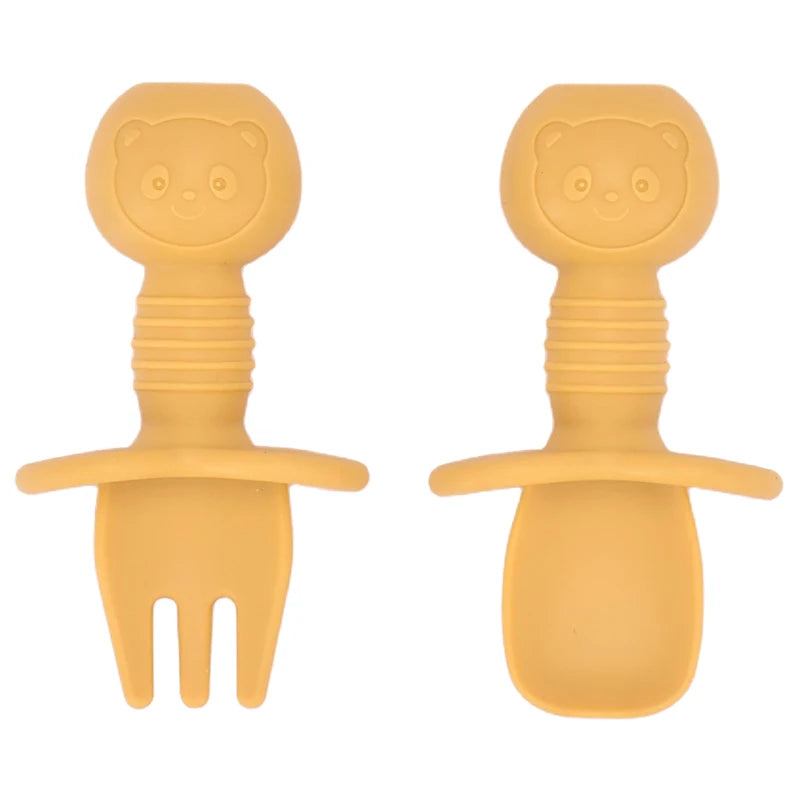 2PCS Cute Baby Learning Spoons Utensils Set Food Grade Silicone Sticky Spoon Children Cutlery Training Spoon Feeding Tableware