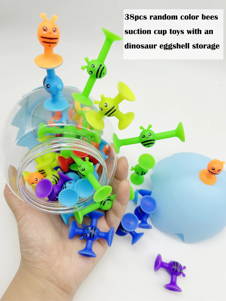 38pcs Bees Suction Cup Toys With Dinosaur Eggshell Storage, Bath Window Travel Toys,Parent-child Interactive Game,Gift for Kids