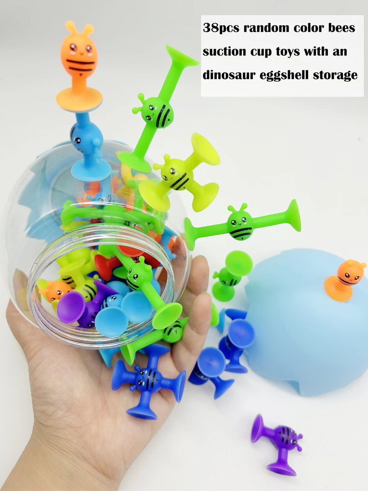 38pcs Bees Suction Cup Toys With Dinosaur Eggshell Storage, Bath Window Travel Toys,Parent-child Interactive Game,Gift for Kids